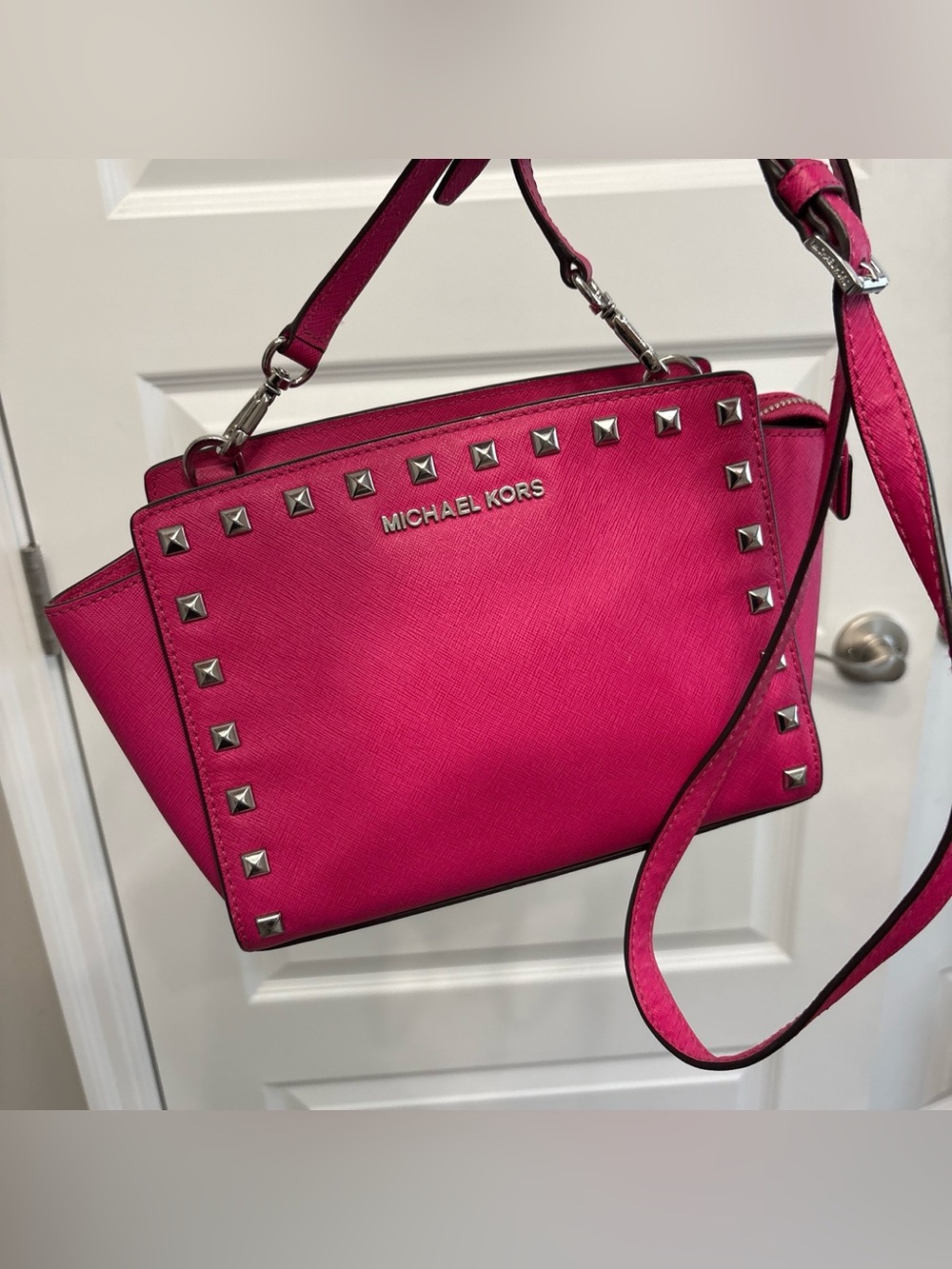 Michael Kors Selma Hot Pink Saffiano Crossbody with Silver Studs